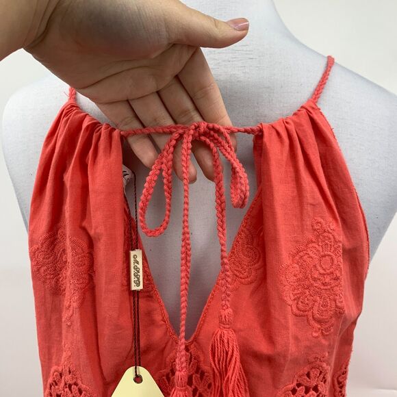 MSSP Max Studio Dress Women XS Extra Small Coral Halter Floral Crochet Keyhole - Picture 7 of 15